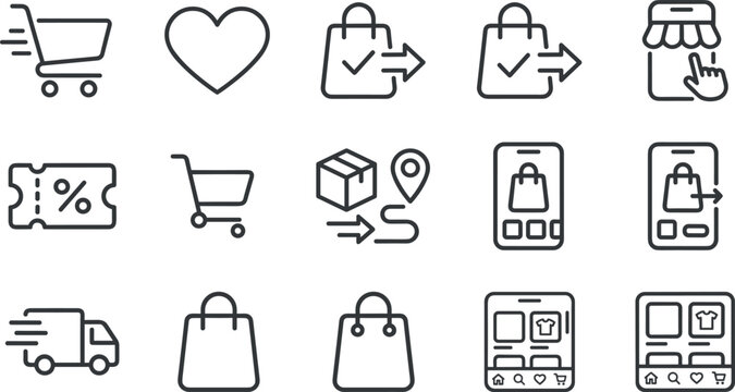 E-commerce online shopping line icon set featuring retail cart delivery truck coupon and mobile checkout application for web design