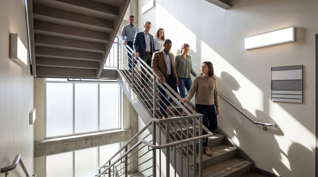 Orderly office evacuation drill in stairwell with mixed workplace team