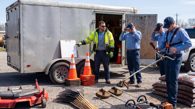 Toolbox Talk Near Utility Trailer For Grounds Crew Safety Training