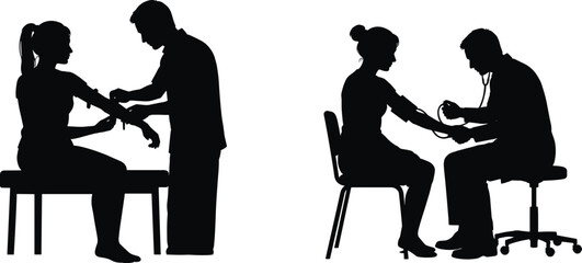 Naklejka premium Healthcare Professional Examining Patient Arm and Measuring Blood Pressure Silhouette Vector Illustration Set