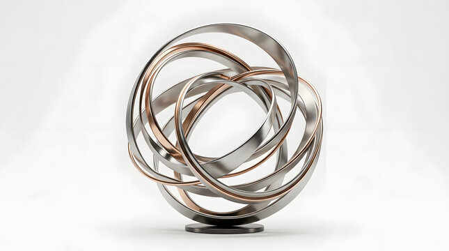 Abstract sculpture of interlocking silver and bronze rings on display