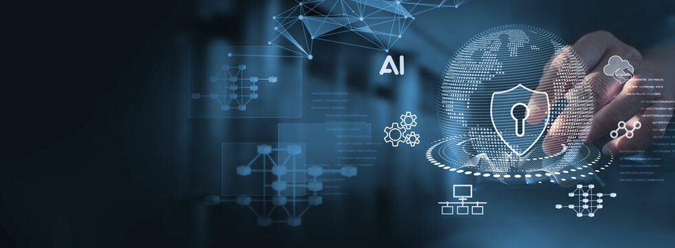 Cyber security network. Data protection with AI concept. Businessman using digital tablet with digital padlock on internet technology network with cloud computing and cybersecurity