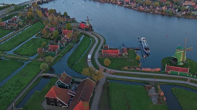 Aerial view of traditional zaanse schans windmills in the netherlands