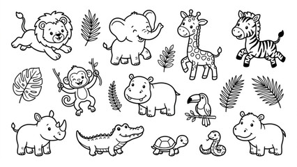 Cute Baby Safari Animals Line Art Vector Illustration Set – Lion, Elephant, Giraffe, Zebra, Monkey and Jungle Friends © SUPEN