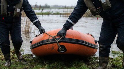 Obraz premium Close Detail of Rescue Boat Launch During Rural Flood Response