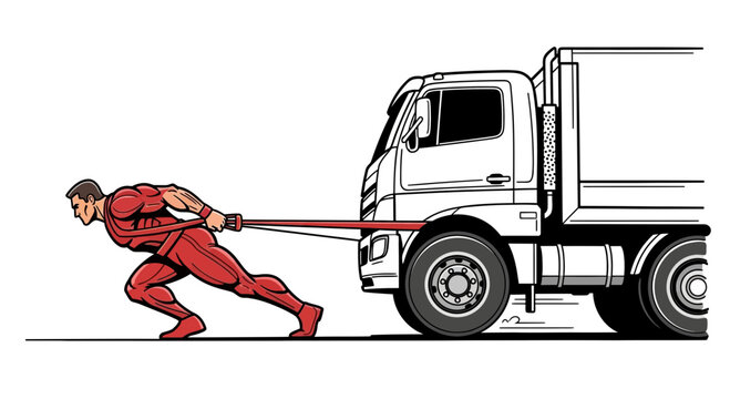 Superhero pulling truck with immense strength, dynamic action illustration