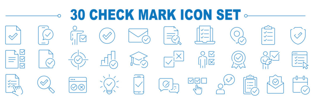 Checkmark icon set. Approval icons in line style. Editable web icons for agreement, vote, confirmation, choise, validation, completed tasks and verified status. Vector illustration.
