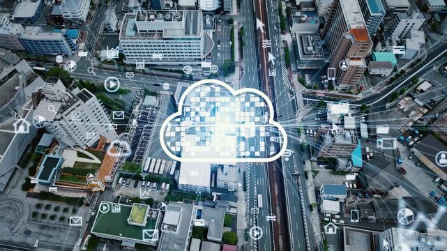 Concept of drone aerial photography and cloud networks in a modern city.