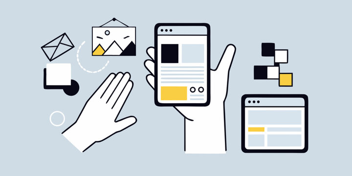 Hands Presenting Mobile Phone With Browser Window Vector Illustration