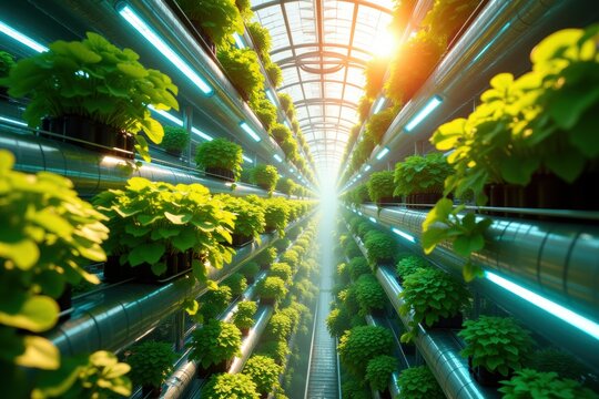 Futuristic Vertical Farm Growing Plants with Sunlight and LED Grow Lights