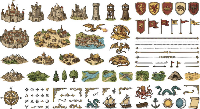 Fantasy map icons bundle with medieval castles dragons shields and nautical elements for adventure board game design and storytelling graphic projects