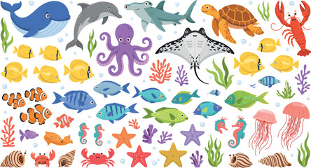 Fototapeta premium PrintCute Marine Animals and Sea Life Vector Illustration Set with Colorful Fish, Whale, Dolphin, Octopus, Turtle, and Coral Reef Elements for Children Designs