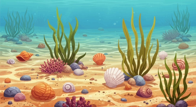 Vibrant underwater seabed with diverse marine plants, shells, corals, and rocks.