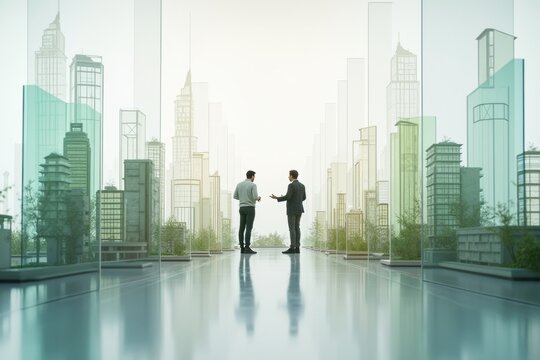 Businessmen Meeting in a Modern Abstract Cityscape with Green Tones