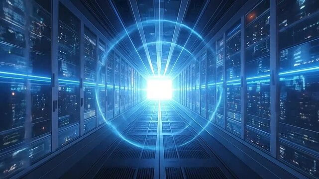 A futuristic corridor inside a high speed digital data center
