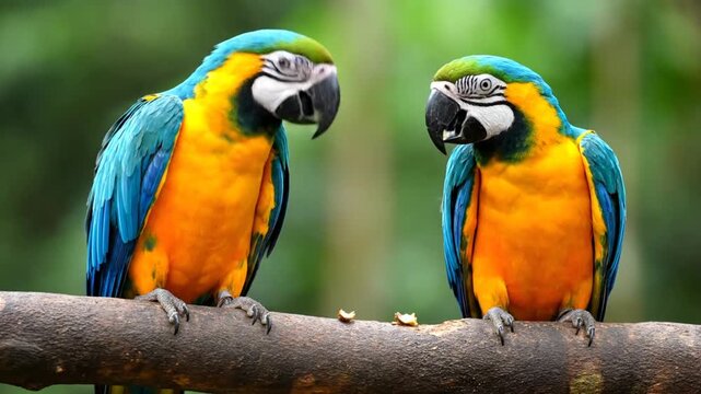 Two blue and yellow macaw parrots perched on branch.