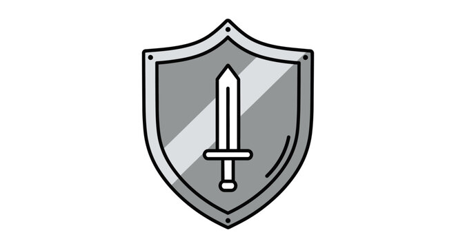Minimalist silver shield and sword icon on white background