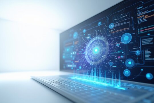 Futuristic laptop computer with glowing holographic digital data display