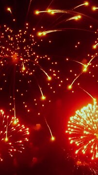 Bursts of light illuminate the dark canvas as vivid fireworks explode during an Independence Day celebration. Sparks rain down, creating a dazzling, artistic spectacle.