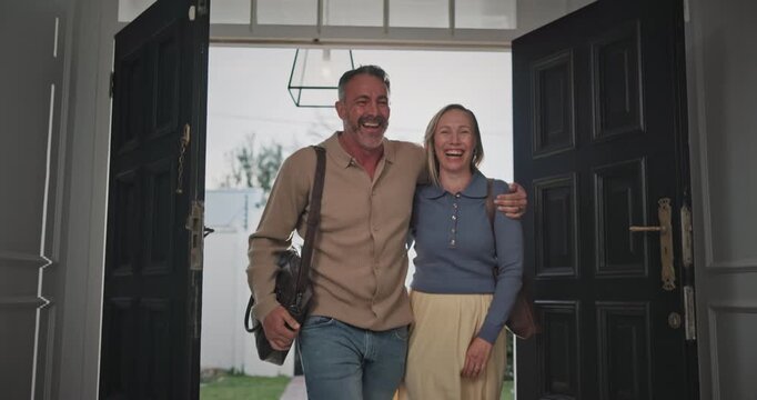 Children, door and happy couple in new home for relocation, family shelter or fresh start together. Kids, siblings or mom and dad moving in with smile or entrance for property, protection or safety