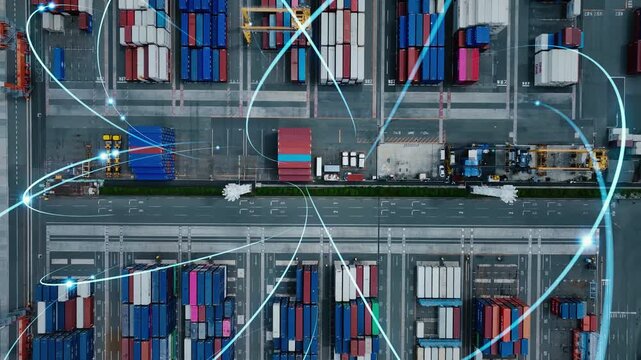コンテナヤードのドローン空撮と通信ネットワークのコンセプト