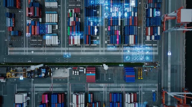 コンテナヤードのドローン空撮とデジタルテクノロジーのコンセプト