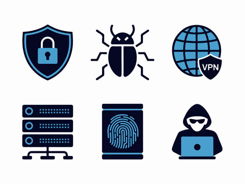 Cybersecurity icons set including shield with lock bug globe with VPN server fingerprint and hacker for digital security and technology concepts