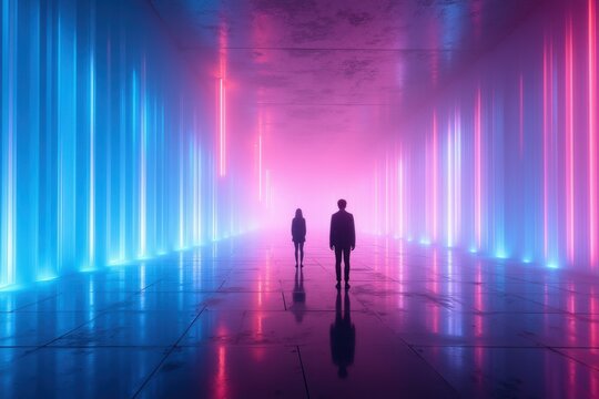 Silhouettes of a couple standing in a futuristic glowing neon hallway