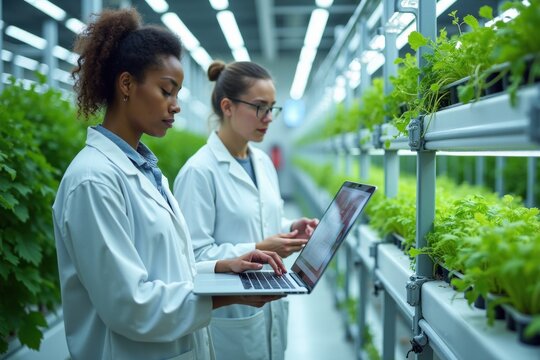 Two scientists work in a modern vertical farm with lush green plants