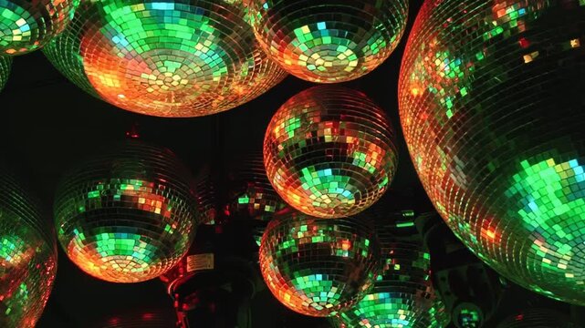 Mirrored spheres hang suspended, casting a brilliant array of colors that shift from golden to emerald, then fiery orange, and finally amethyst purple, painting a lively night celebration.