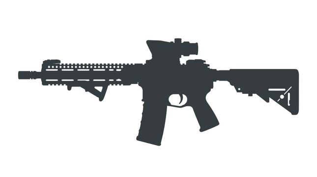 Black silhouette of a modern tactical assault rifle with scope isolated on white background