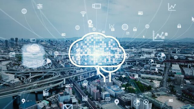 Concept of drone aerial photography and AI networks in a modern city.