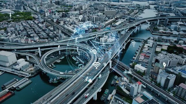 現代都市のドローン空撮と通信ネットワークのコンセプト