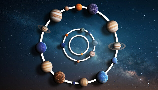 Model of the solar system with planets arranged in a spiral pattern.