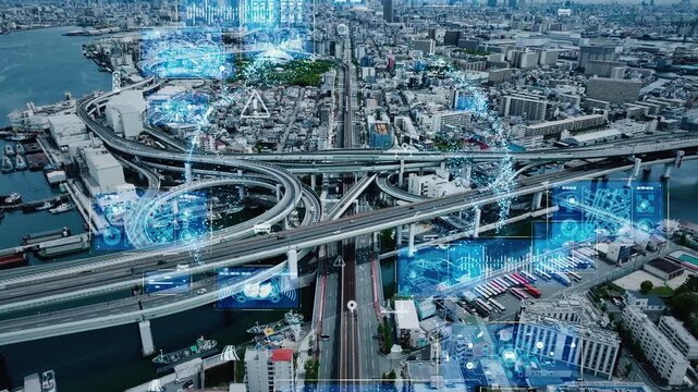 Concept of drone aerial photography and communication networks in a modern city.