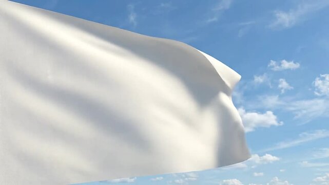 A plain white flag waving against a bright blue sky background