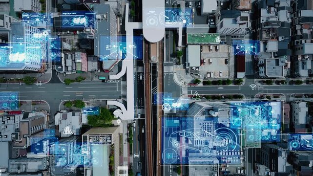 現代都市のドローン空撮とデジタルテクノロジーのコンセプト