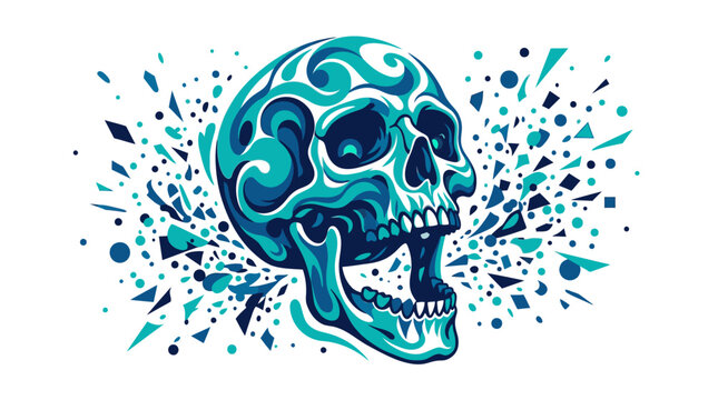 Artistic turquoise skull illustration with exploding geometric shards