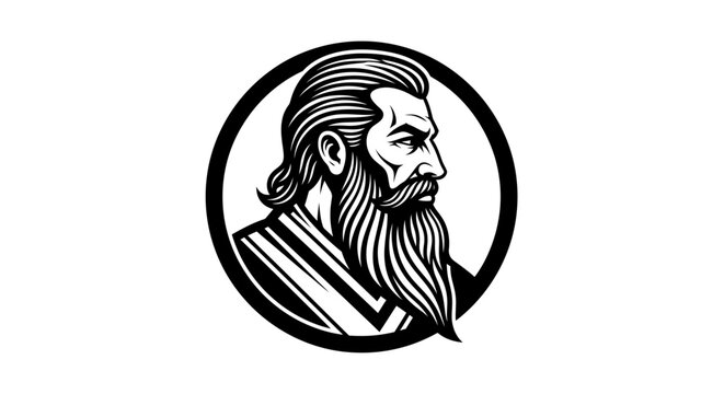 Bearded man circular portrait logo in black and white.
