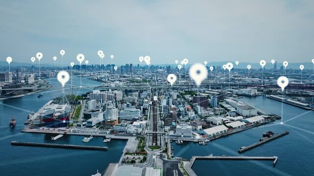 現代都市のドローン空撮と位置情報ネットワークのコンセプト
