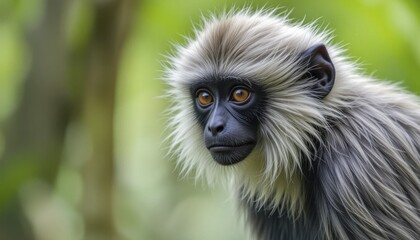 Fototapeta premium A captivating portrait of a monkey with distinctive fur patterns and intense gaze, set against a blurred green backdrop, AI generated