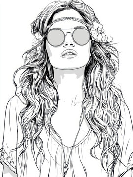 beautiful line art illustration of a young bohemian girl with long wavy hair wearing round sunglasses and a flower headband coloring page design for adults relaxation isolated on white background