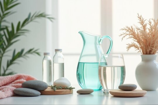 Refreshing Spa and Wellness Scene with Water, Stones, and Greenery