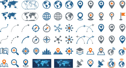 Global map navigation and travel vector icon mega bundle featuring world maps location pins compasses flight routes and satellite tracking elements © AdhinChandra