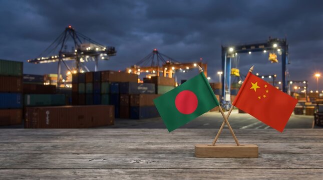 Bangladesh and China flags on wooden table in shipping port at dusk with cranes