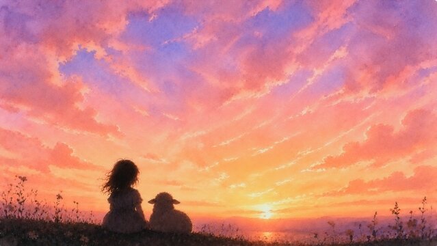 夕焼け空を眺める少女と羊 幻想的な水彩イラスト
