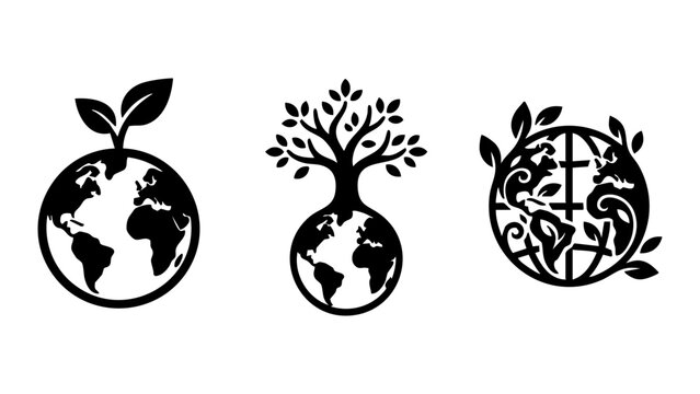 Black eco earth globe icons with growing plants and trees