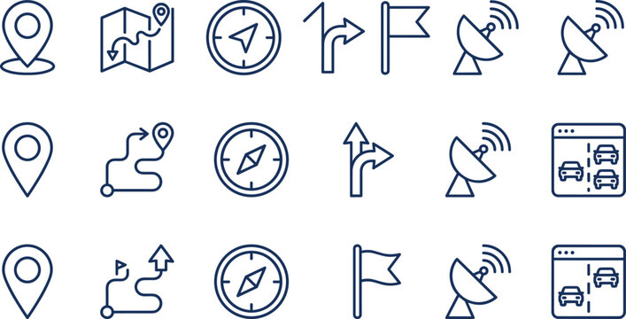 GPS navigation and map routing line icon set featuring location pin compass radar flag and traffic tracking for logistics mobile app UI design