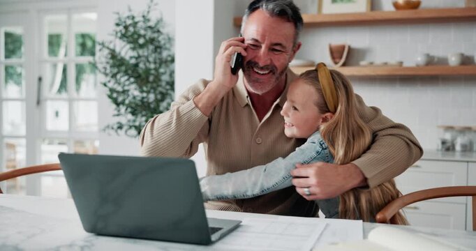 Man, remote work and hug child with phone call, greeting parent and multitasking for bonding. Smile, father and laptop at house with mobile, embrace daughter and family interaction for productivity