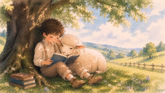 木陰で羊と読書を楽しむ少年 水彩絵本風イラスト